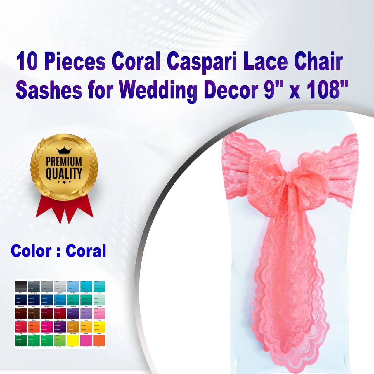 10 Pieces Coral Caspari Lace Chair Sashes for Wedding Decor 9" x 108"